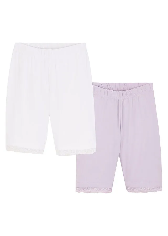 Pantalón ciclista para niñas con encaje (2 unidades) con algodón orgánico Blanco-lila pastel